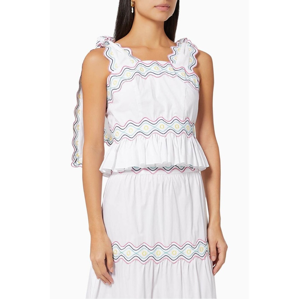 CeliaB Embroidered Top Womens Small White Ruffle Tie Strap Boho